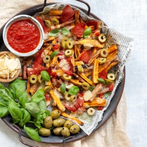 Loaded sweet potto pizza fries