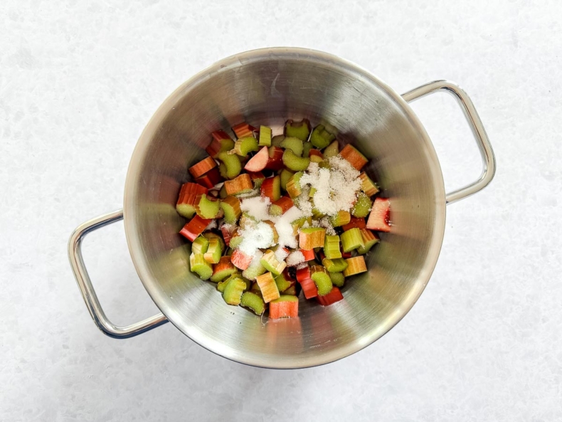 Add rhubarb and sugar into the pan