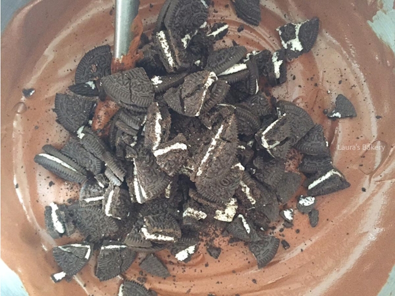 Chopped Oreos folded into the batter when making Oreo bundt cake.